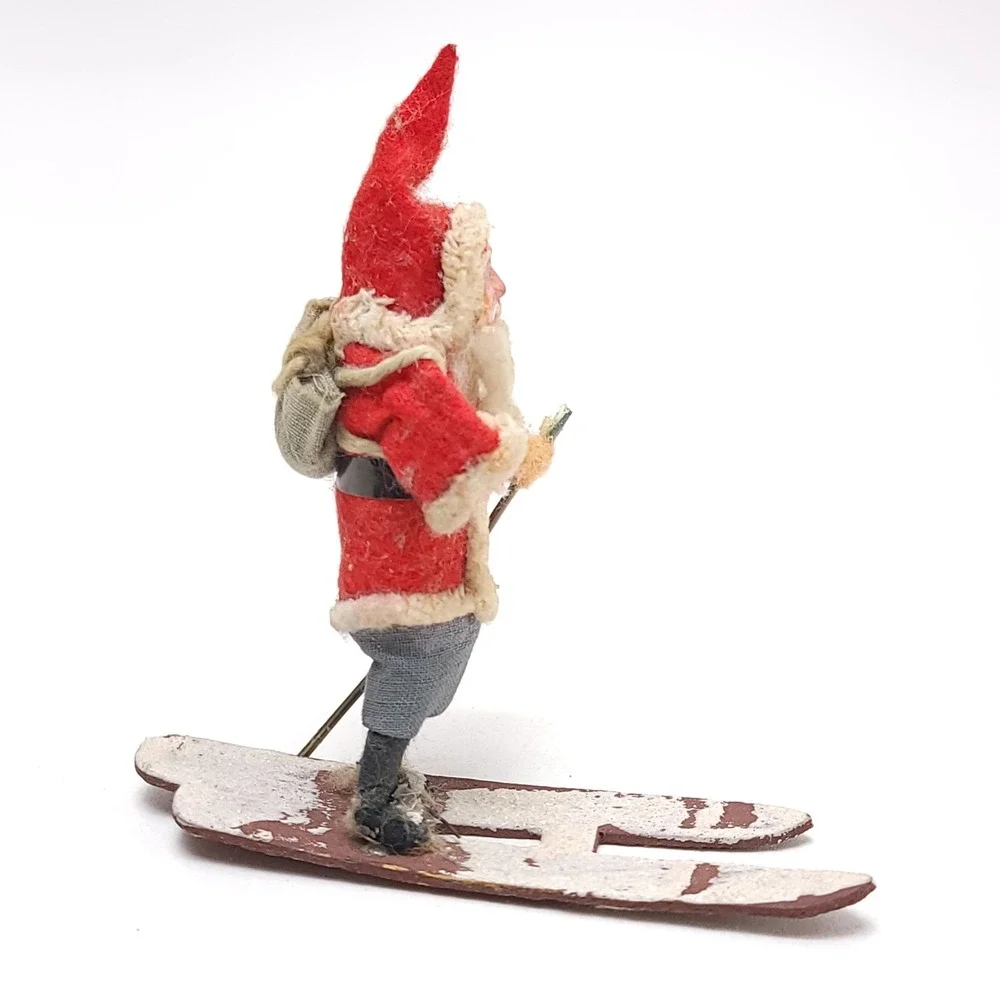 Vintage Miniature Skiing Santa Claus Figurine Felt Wood Mid Century Christmas 4